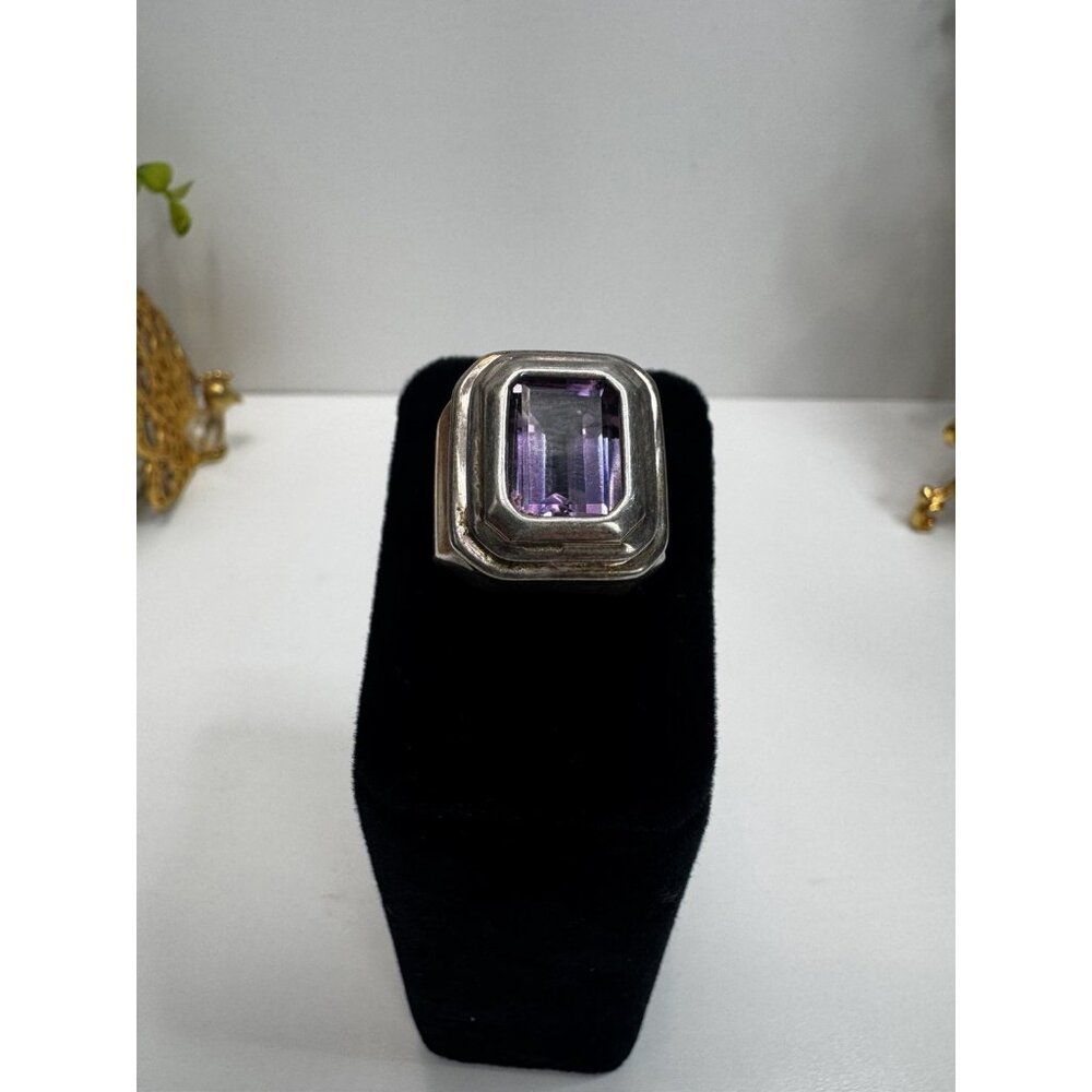 Vintage Sterling Silver Emerald Cut Amethyst Ring Sz 7 Bold Statement Signed CA